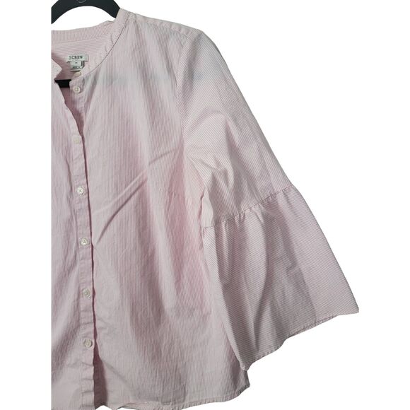J. Crew Button Front Blouse 10 Womens Pink White Striped Long Flounce Sleeve Top - Picture 2 of 5